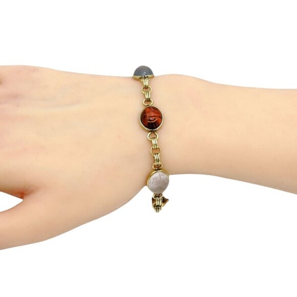 Vintage 12K Gold Filled Aumara Scarab Beetle Egyptian Revival Gemstone Bracelet - Picture 3 of 10